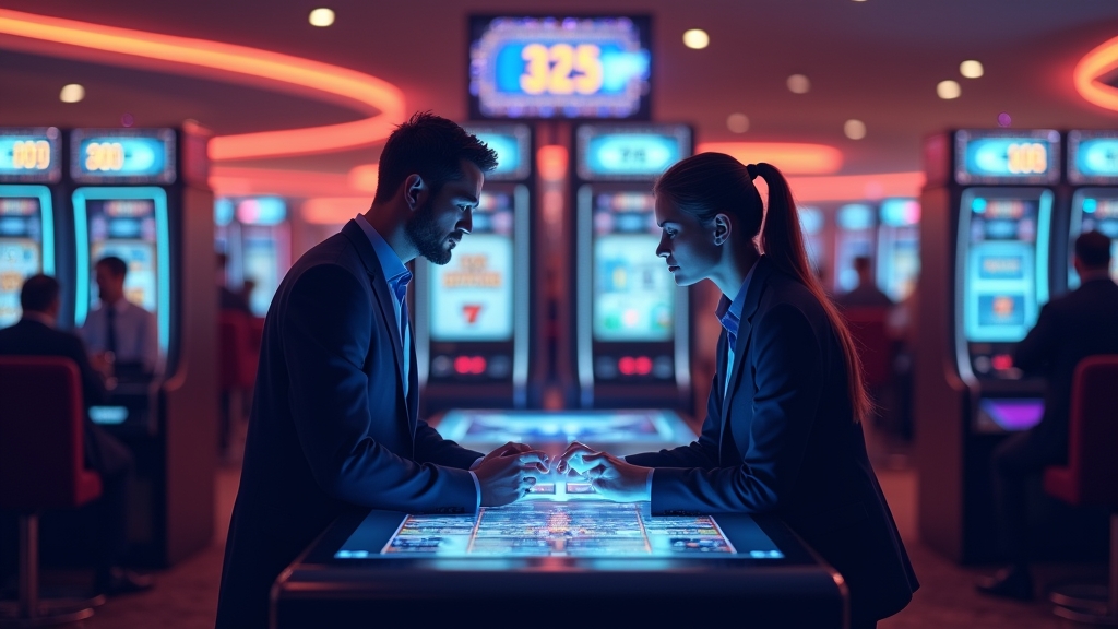 Spieler vergleichen Auszahlungszeiten in einer dunklen Casino-Szene