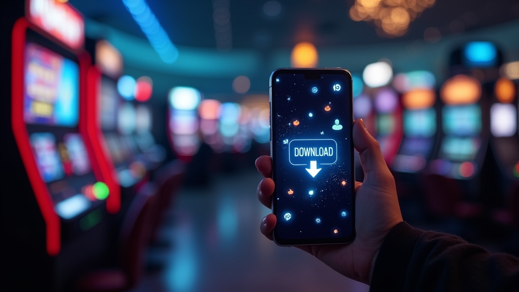 Android-Smartphone mit Download-Schaltfläche in dunkler Casino-Atmosphäre