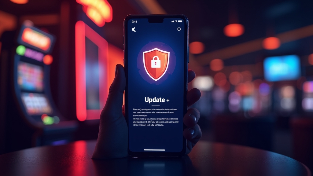 Smartphone mit Update- und Sicherheitssymbolen in Casino-Atmosphäre
